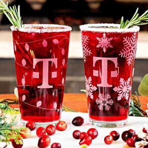 Set Of 2 T-Mobile Tuesdays Frosted Etched Holiday Collectible Glasses 16 oz NIB